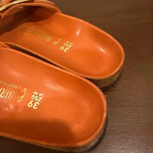 Birkenstock Madrid Big Buckle | Tan/Orange Slides with Gold Buckle - Picture 12 of 15
